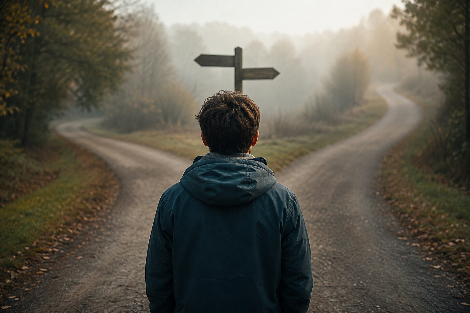 Persona observando una bifurcación de caminos que simboliza la incertidumbre y la necesidad de tomar decisiones en el autismo adulto.
