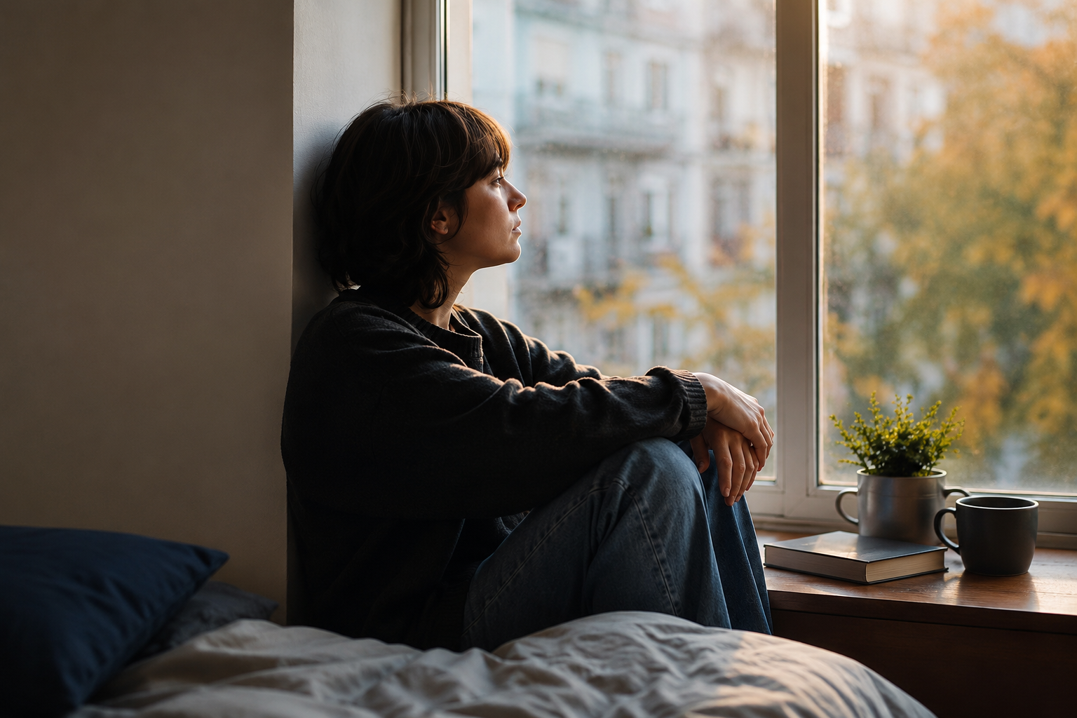Persona sentada junto a una ventana observando el exterior mientras reflexiona sobre el autismo, la neurodivergencia y las diferencias neurológicas.