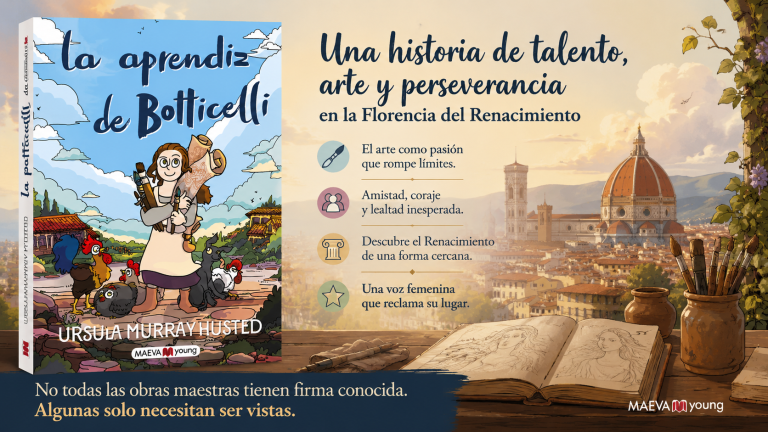 Portada de Aprendiz de Botticelli, novela gráfica de Ursula Murray Husted publicada por Maeva y ambientada en la Florencia del Renacimiento.