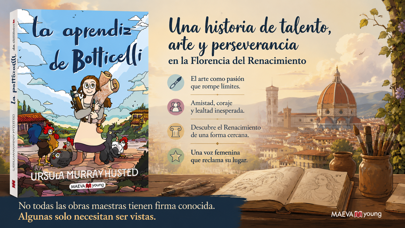 Portada de Aprendiz de Botticelli, novela gráfica de Ursula Murray Husted publicada por Maeva y ambientada en la Florencia del Renacimiento.