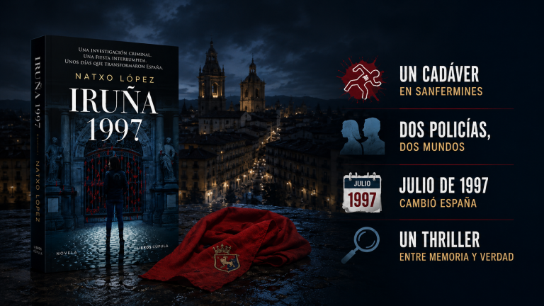 Portada de Iruña 1997, novela de Natxo López ambientada en los Sanfermines de 1997 con una investigación criminal en el centro de la historia.