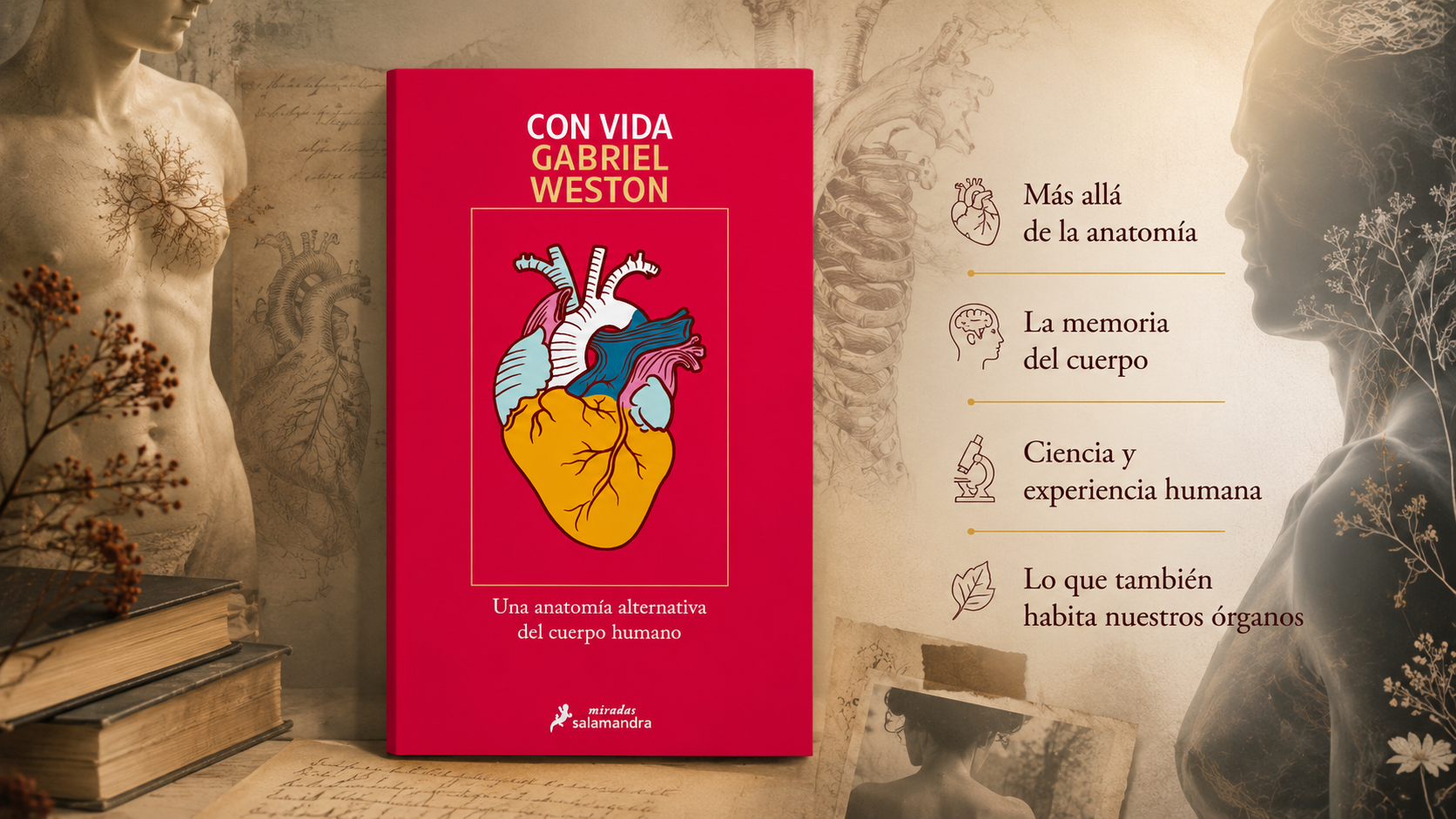 Portada de Con vida, de Gabriel Weston, ensayo publicado por Salamandra sobre el cuerpo humano y la experiencia de habitarlo.