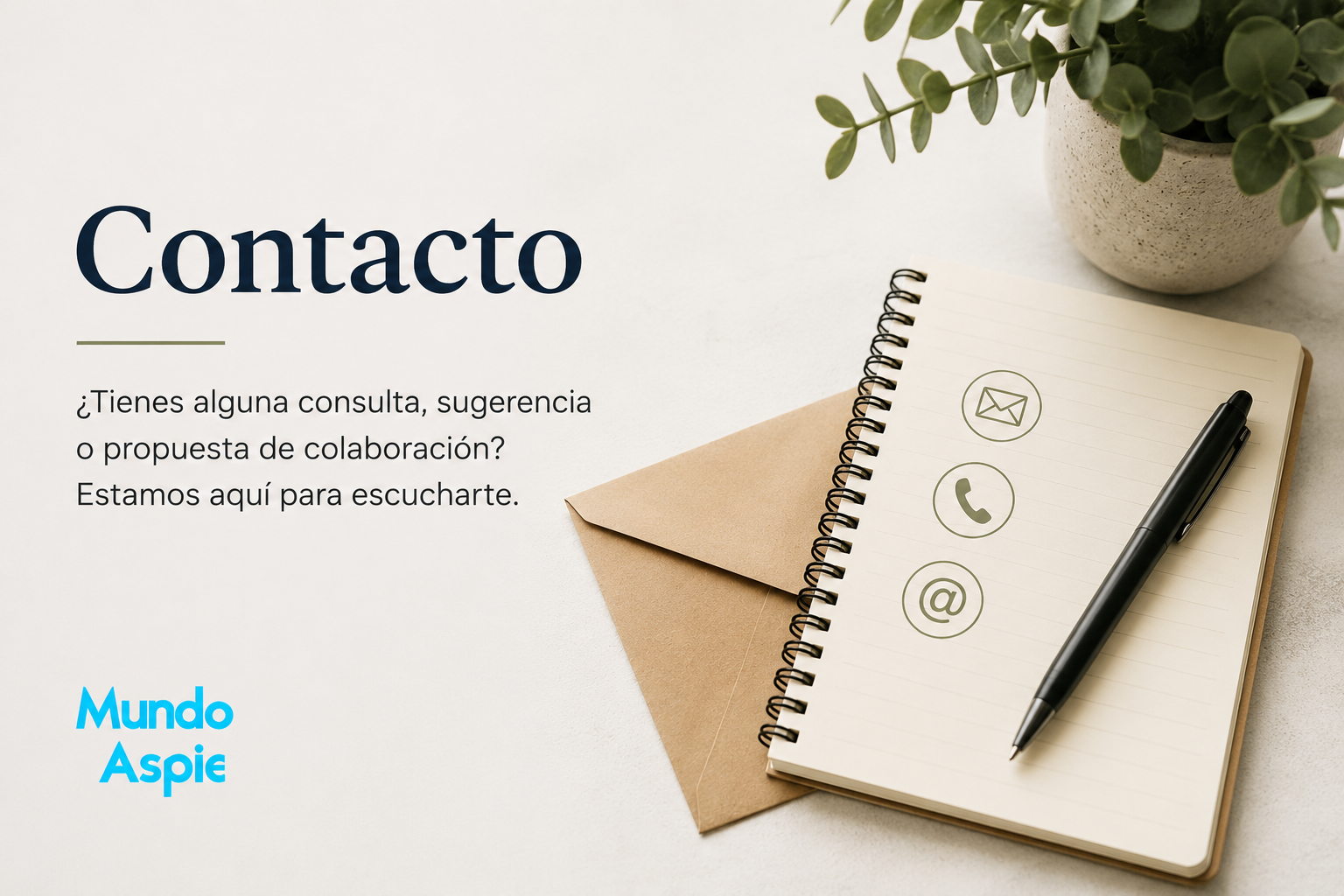 Imagen de contacto de Mundo Aspie con cuaderno, bolígrafo y elementos de comunicación.