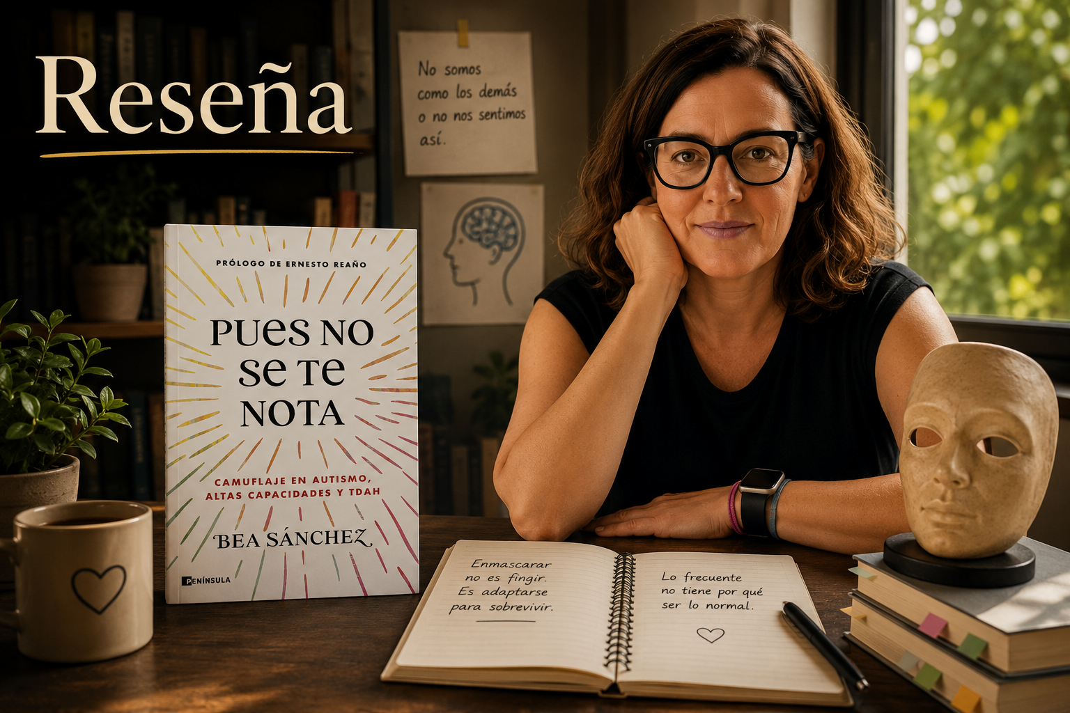Imagen editorial cinematográfica de la reseña del libro Pues no se te nota de Bea Sánchez. La autora aparece integrada en una escena cálida e introspectiva junto a la portada del libro, con referencias visuales al enmascaramiento, la neurodivergencia, el autismo, las altas capacidades y el TDAH. La composición incluye titulares editoriales y elementos de reflexión sobre identidad y adaptación social.