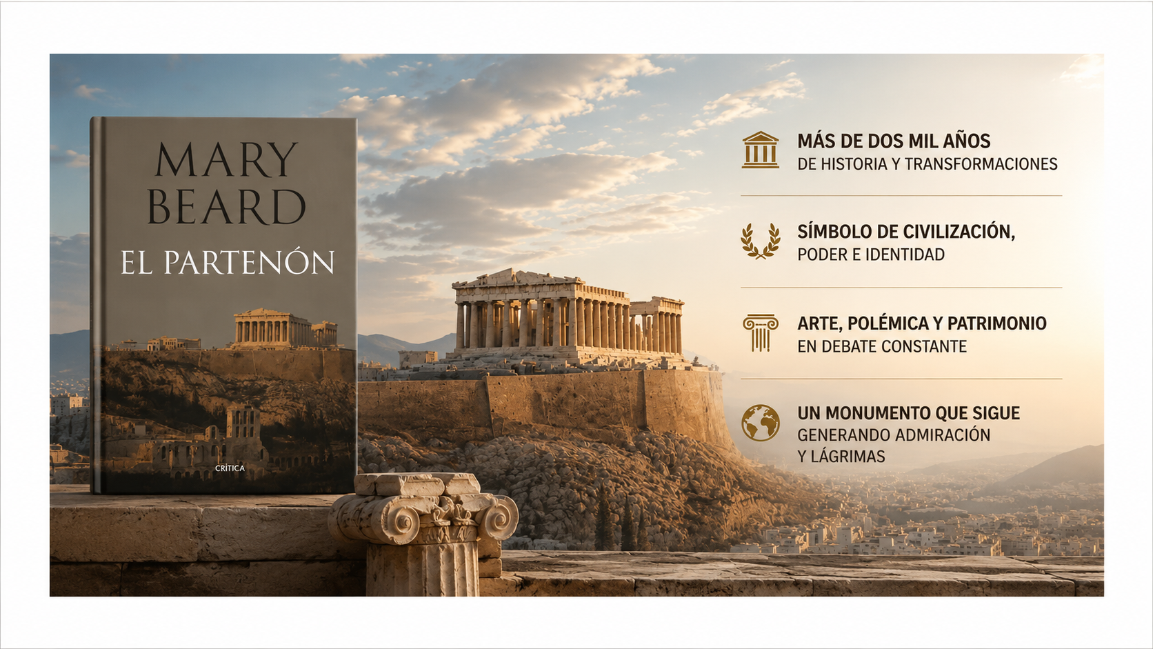 Portada de El Partenón, de Mary Beard, junto a una composición inspirada en la Acrópolis de Atenas y el patrimonio clásico.