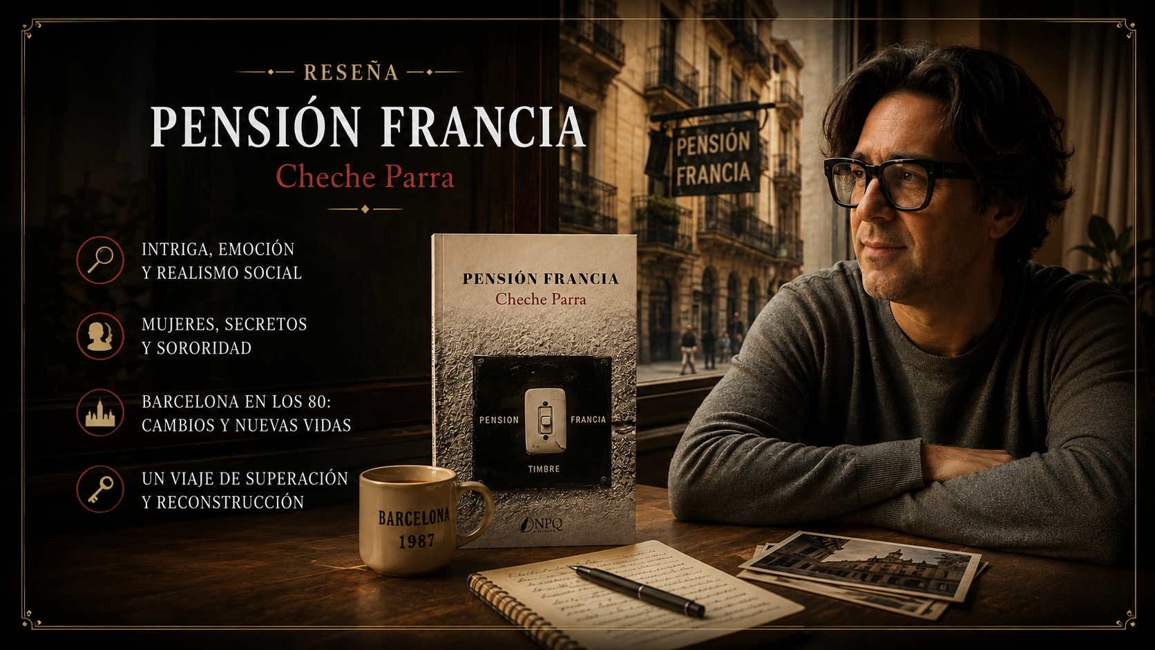 Imagen de la reseña de Pensión Francia, de Cheche Parra, con el libro integrado en una escena inspirada en la Barcelona de finales de los años ochenta junto al reseñador.