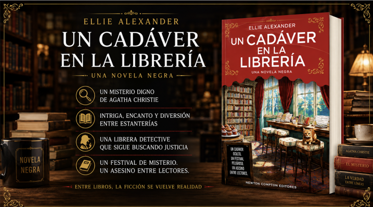 Imagen destacada de Un cadáver en la librería, de Ellie Alexander, ambientada en una librería especializada en novela negra con una atmósfera de misterio.