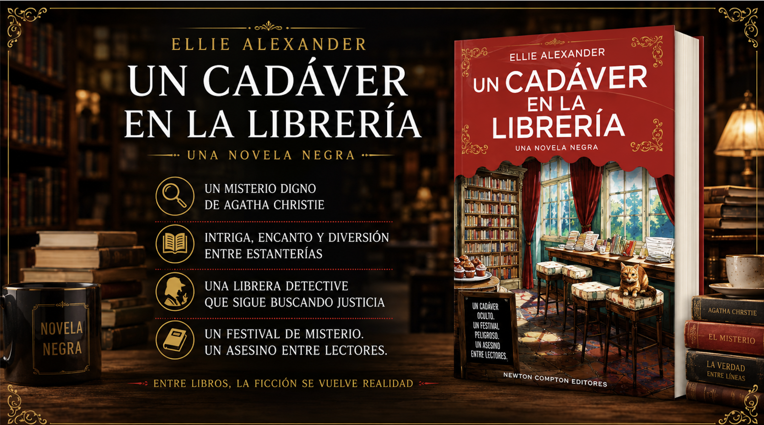 Imagen destacada de Un cadáver en la librería, de Ellie Alexander, ambientada en una librería especializada en novela negra con una atmósfera de misterio.