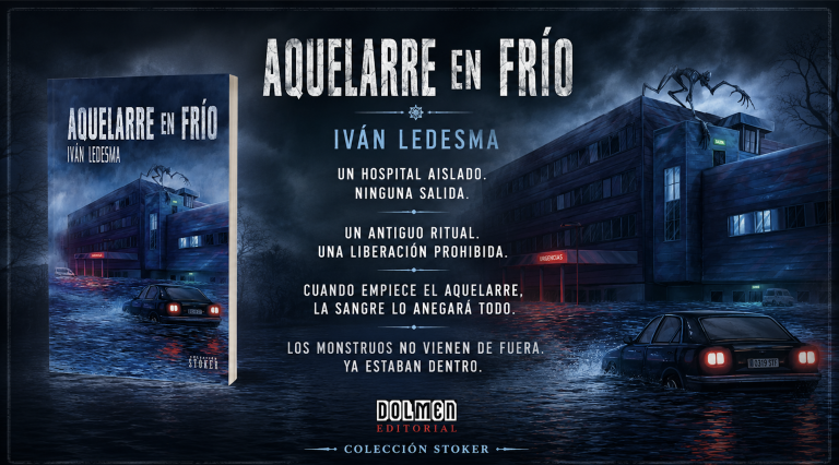 Imagen destacada de Aquelarre en frío, de Iván Ledesma, publicada por Dolmen Editorial, con un hospital aislado por una inundación y una atmósfera de terror sobrenatural.