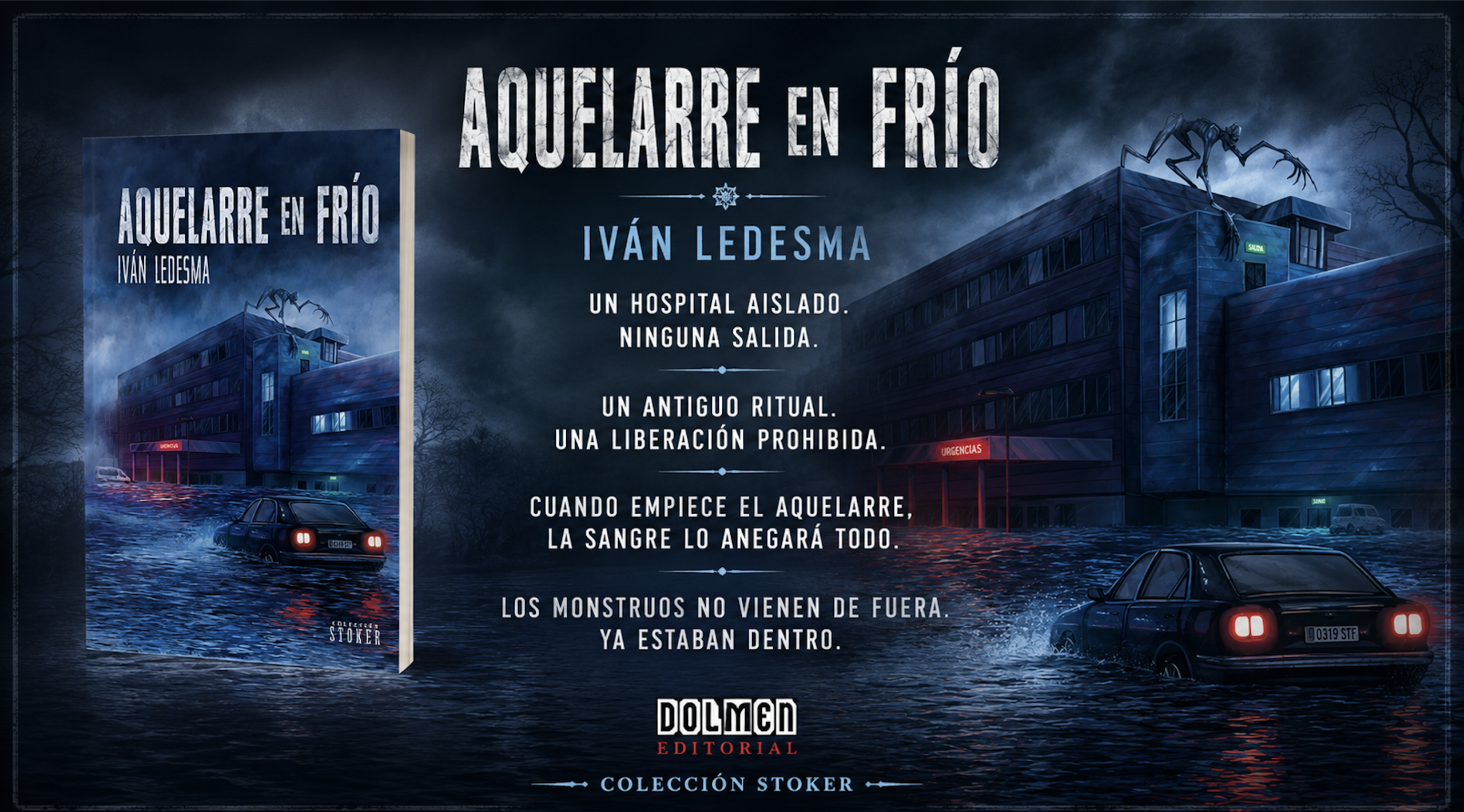 Imagen destacada de Aquelarre en frío, de Iván Ledesma, publicada por Dolmen Editorial, con un hospital aislado por una inundación y una atmósfera de terror sobrenatural.