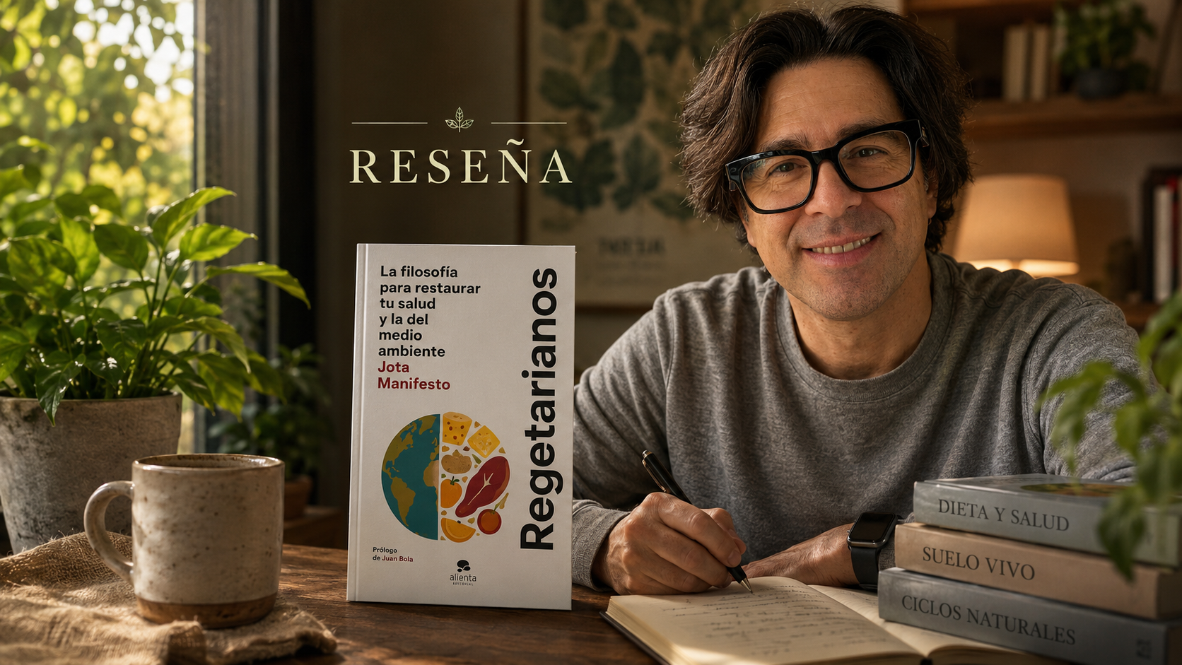 Reseña del libro Regetarianos de Jota Carracedo con el reseñador y la portada del libro en una composición editorial.