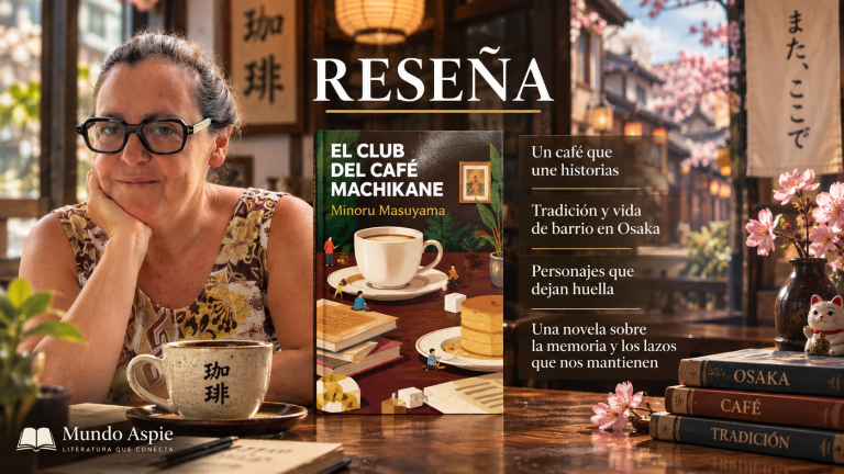 Imagen de la reseña de El club del café Machikane, de Minoru Masuyama, ambientada en un café tradicional de Osaka, con la portada del libro y la reseñadora.