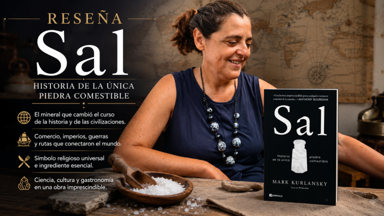 Imagen de la reseña de Sal, de Mark Kurlansky, con María Ángeles junto al libro, un recipiente con sal y un mapa antiguo que evoca su importancia histórica, cultural y gastronómica.