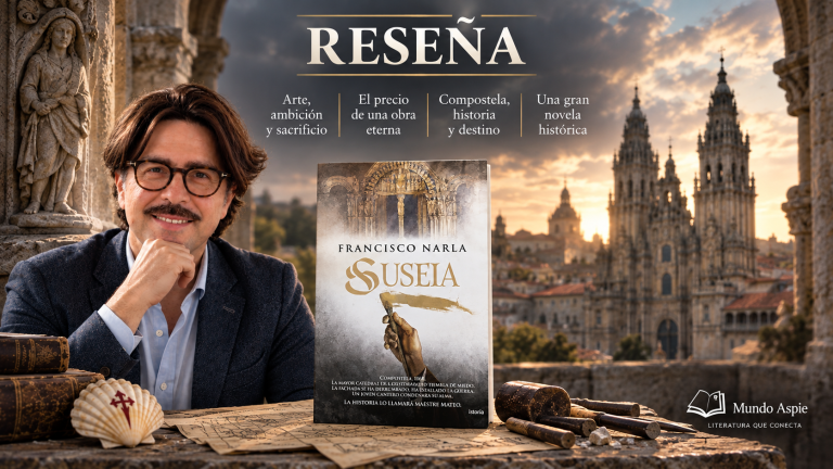 Portada de la reseña de Suseia, de Francisco Narla, con el libro y el reseñador ante la catedral de Santiago de Compostela.