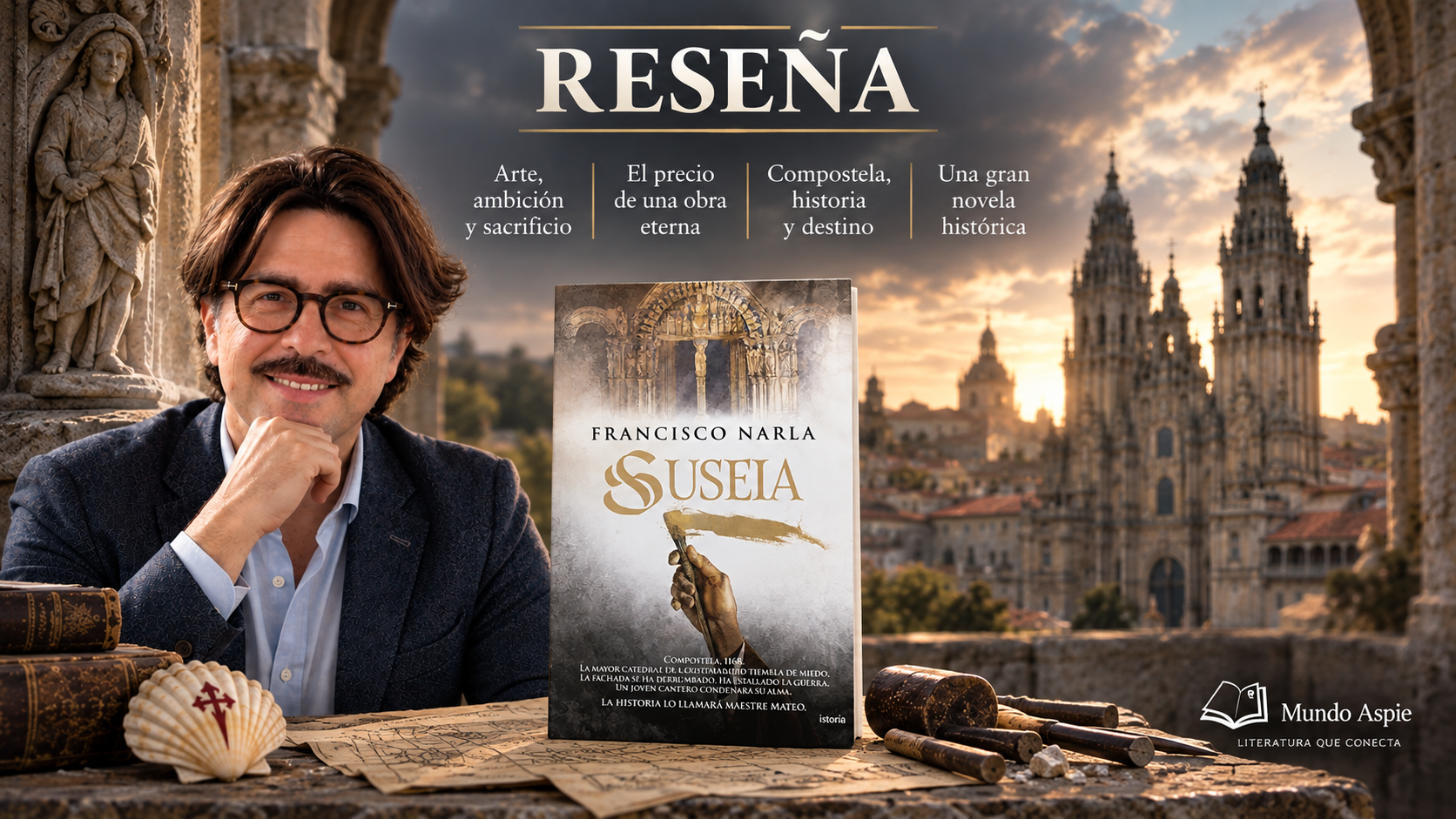 Portada de la reseña de Suseia, de Francisco Narla, con el libro y el reseñador ante la catedral de Santiago de Compostela.